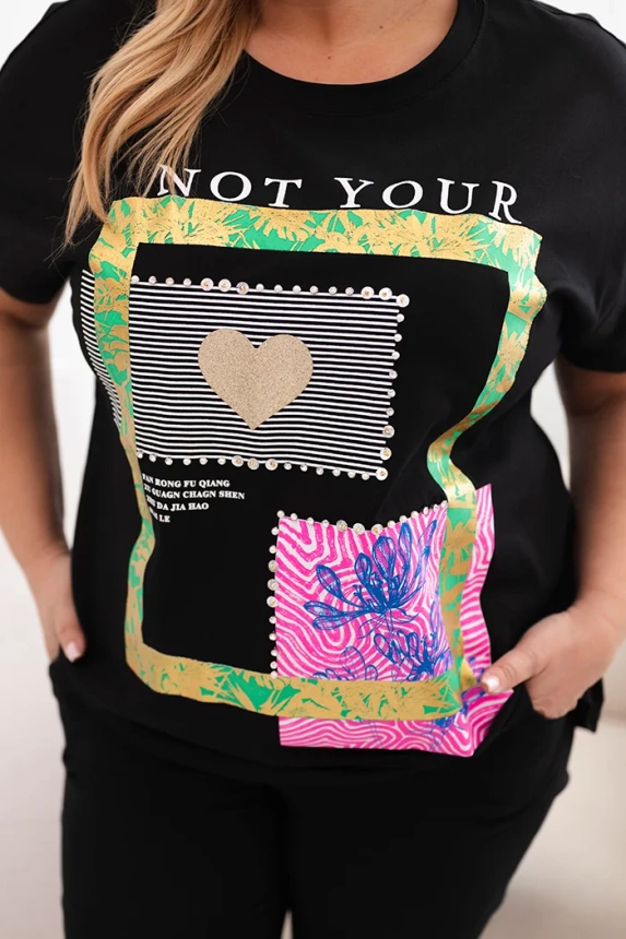 Women's cotton Plus Size blouse with gold print black + green