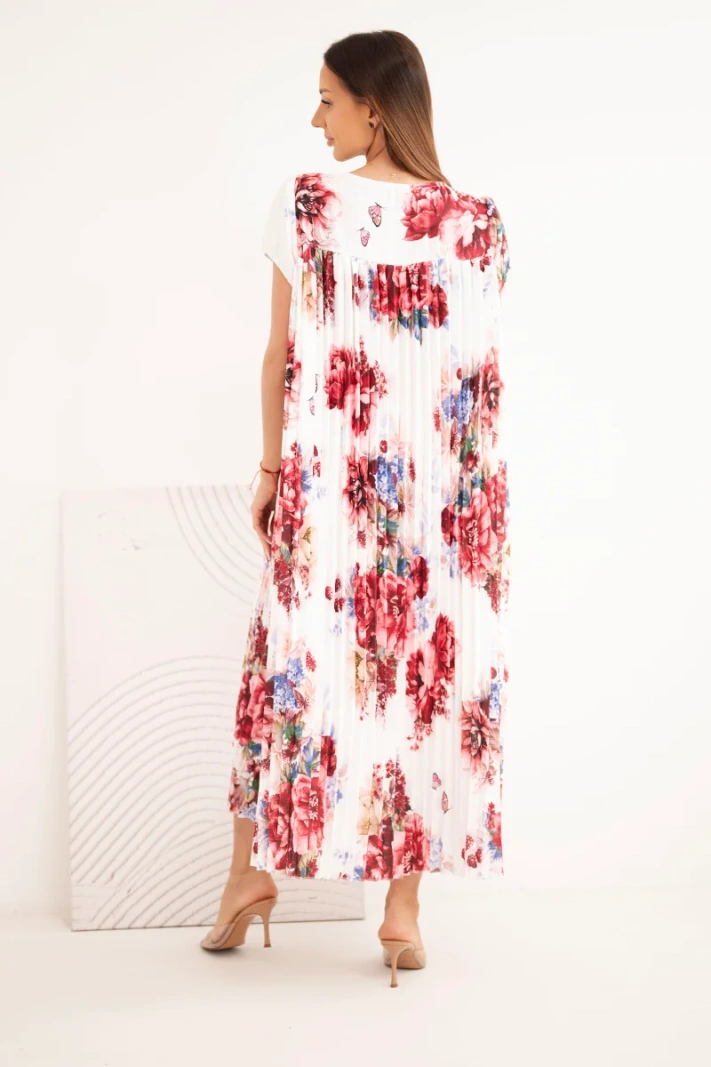 Women's viscose floral dress with short sleeves and pockets plum