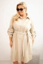 Plus Size women's dress made of eco-leather with a belt and collar beige