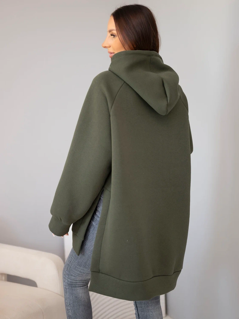 Bluza damska oversize z bawełny z kapturem i kieszenią khaki