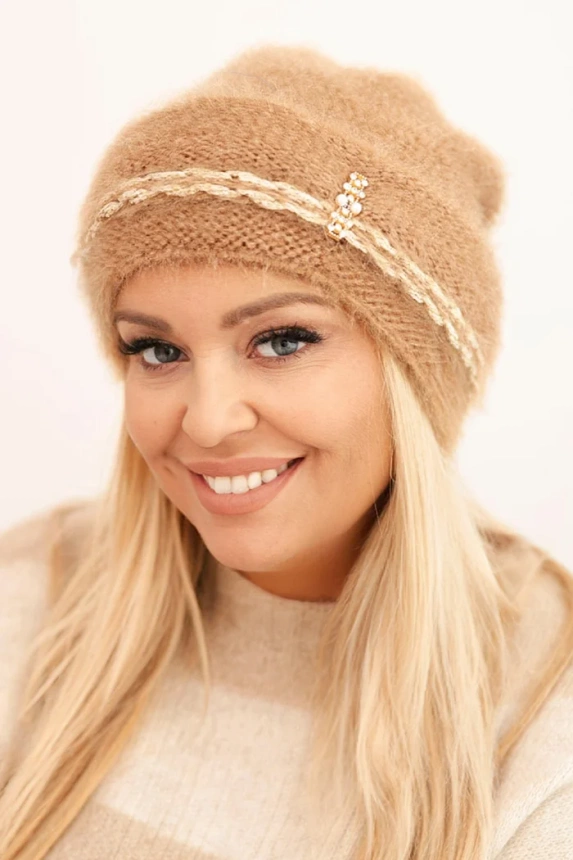 Women's winter fluffy hat with pearls and decorative weave camel