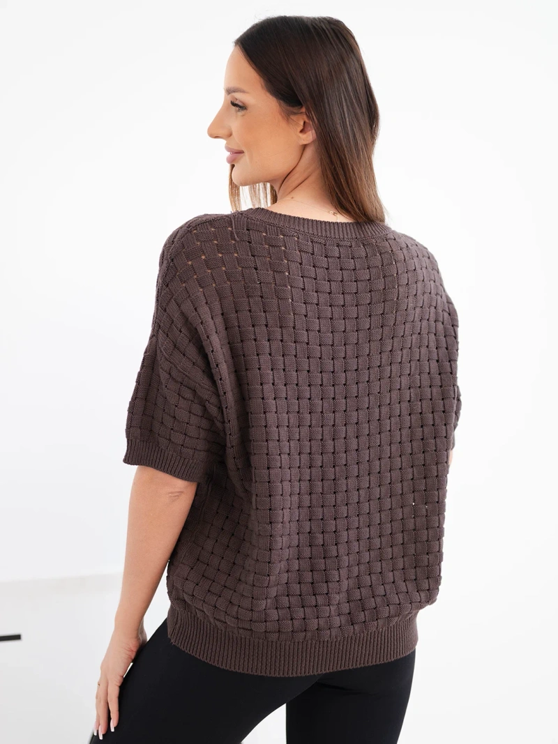 Sweter damski bawełniany ażurowy z krótkim rękawem brązowy