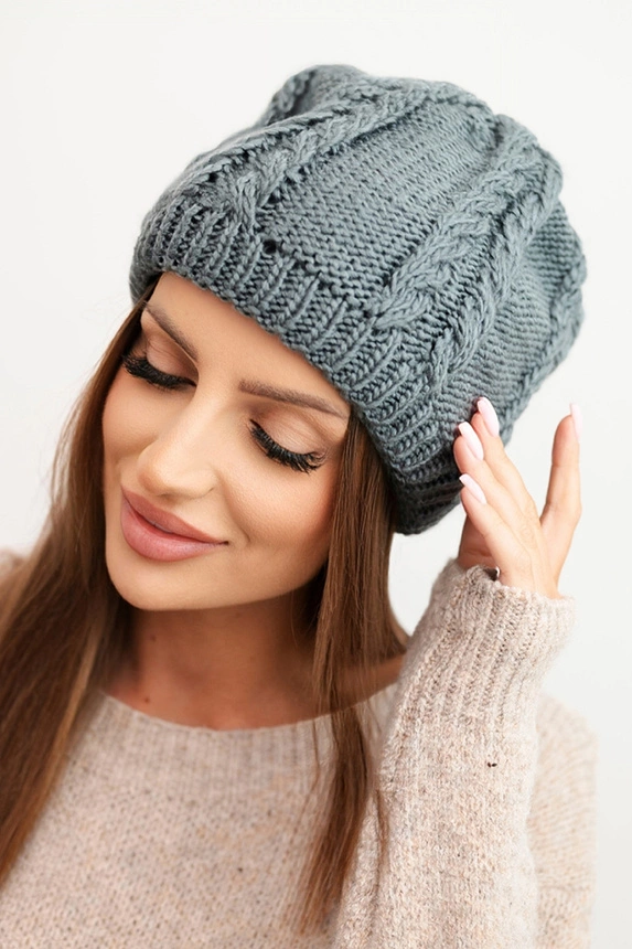 Women’s winter wool hat with braid pattern K452 dark gray
