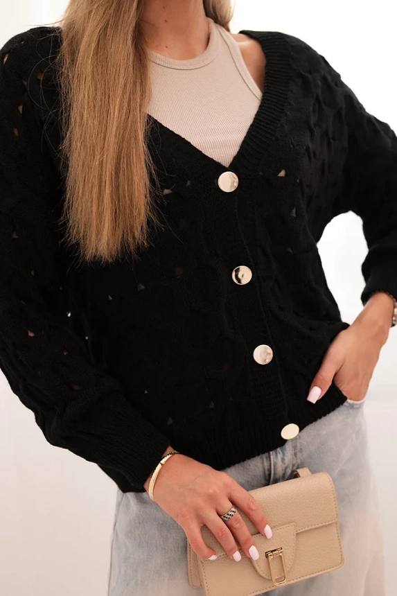 Women's openwork sweater with a V-neck and gold buttons black
