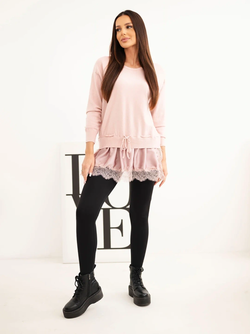 Damen Viskosepullover mit spitzenbesatz und Bindung rosa pudrig