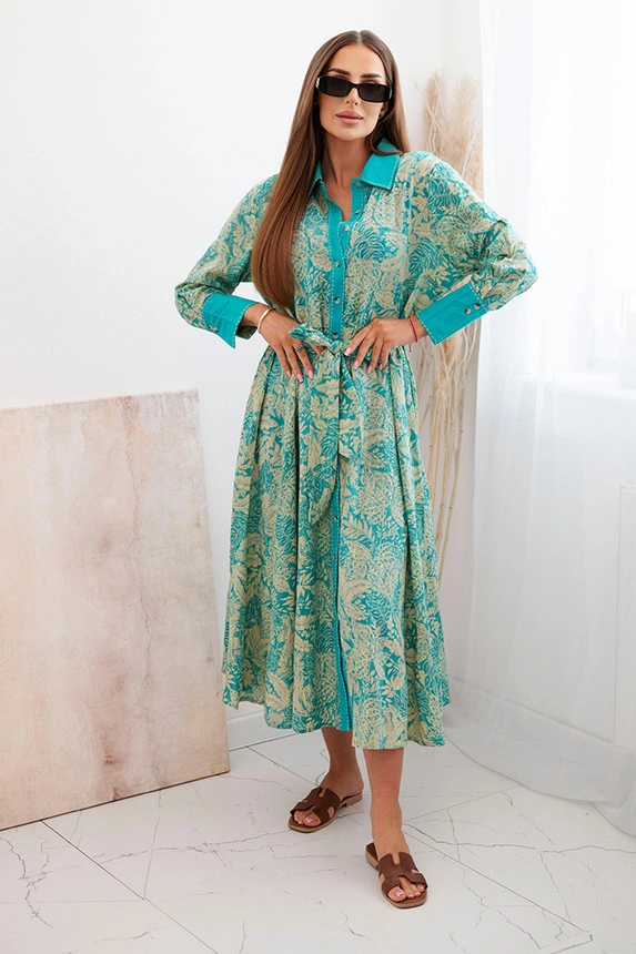 Women's cotton shirt dress with a tie at the waist turquoise