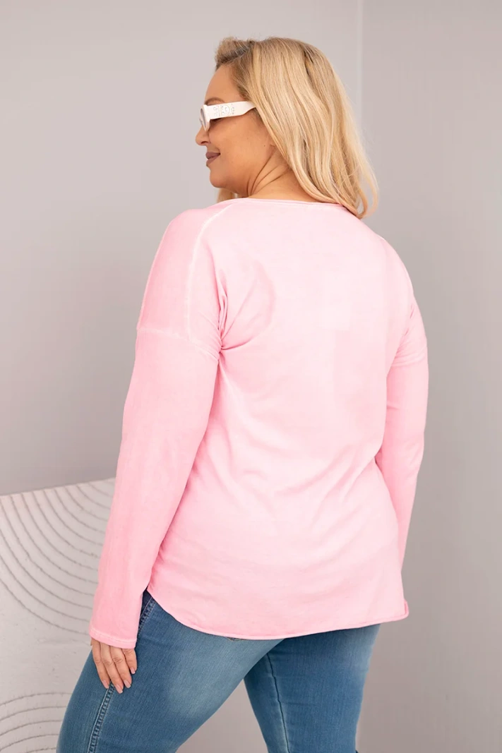 Plus Size women's blouse with a V-neck and a longer back light pink