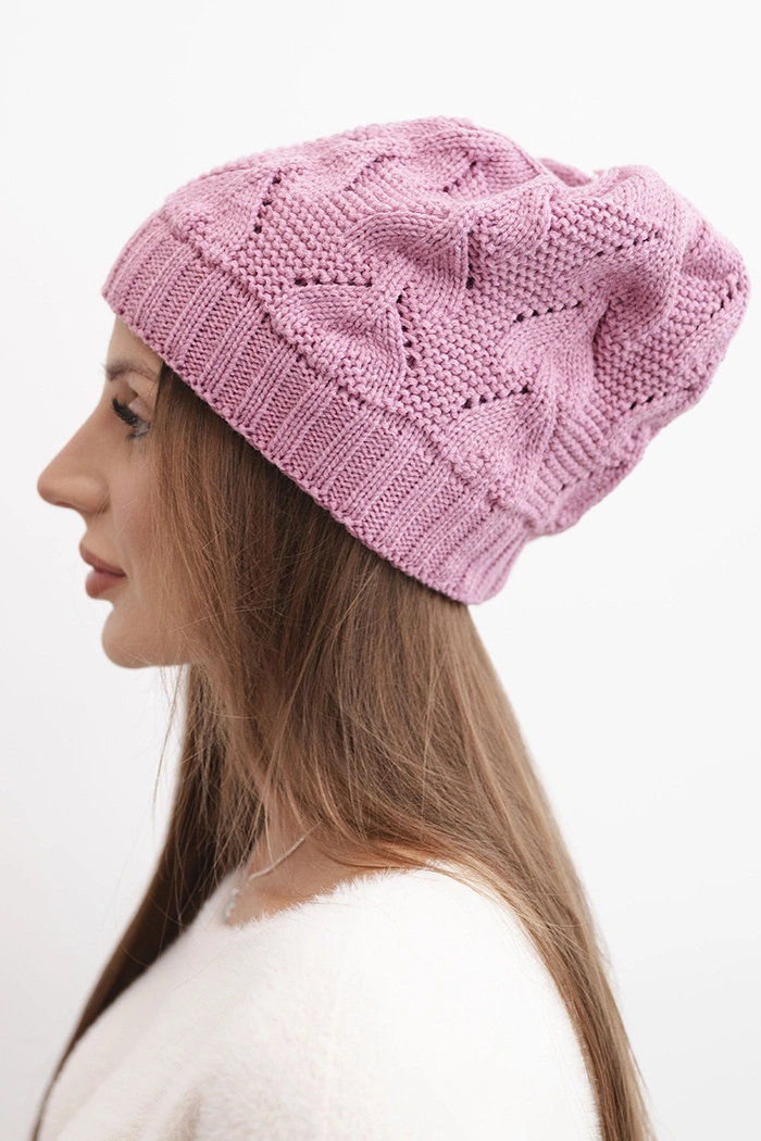 Women's winter wool hat with lace pattern K427 dark pink