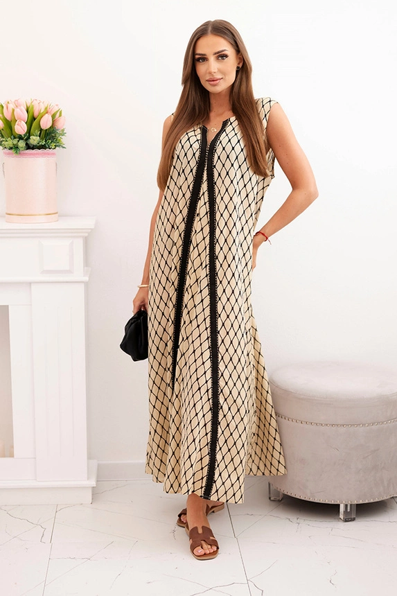 Women's sleeveless cotton dress with a wide hem beige