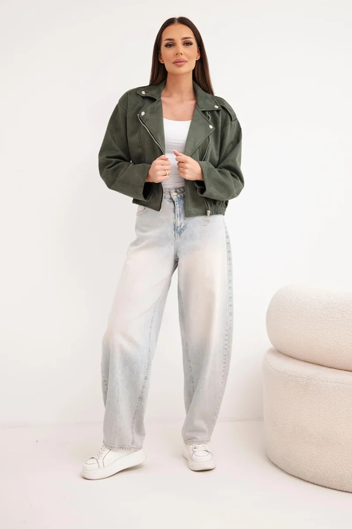 Women's suede viscose jacket with asymmetric zipper khaki