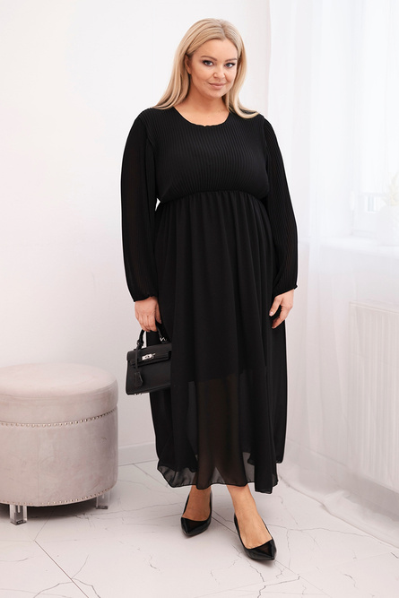 Sukienka plisowana damska Plus Size z wiskozy i z długim rękawem czarna