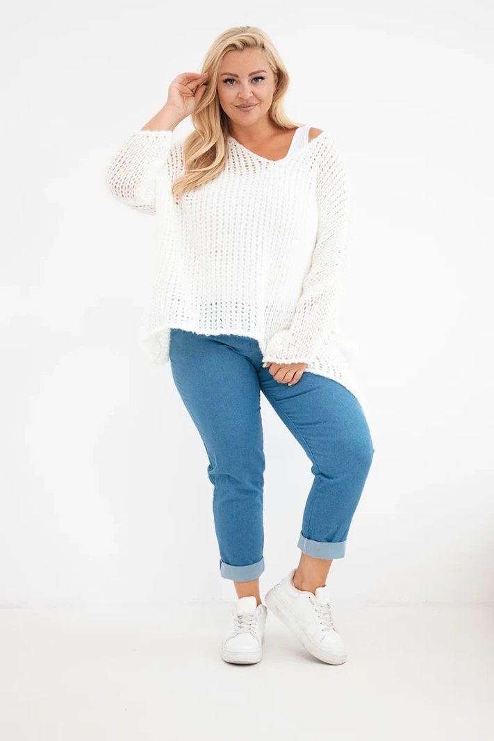 Damen Strickpullover oversized mit V-Ausschnitt und längerem Rücken ecru