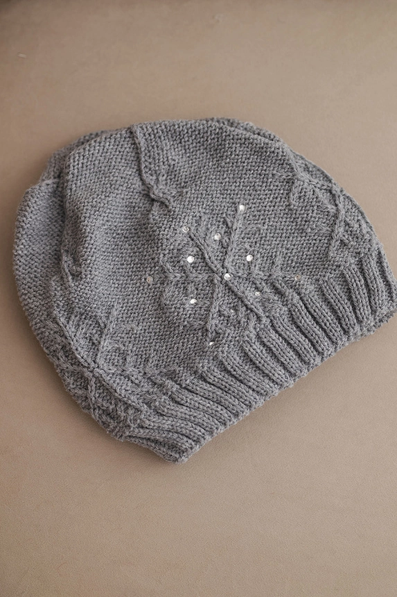 Women's winter hat with wool and decorative weave with pearls K470 dark gray