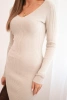 Women's ribbed dress with a V-neck and long sleeves beige