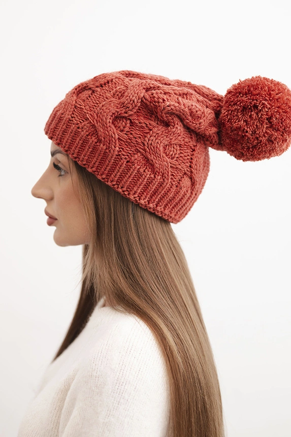 Women's winter wool hat with zirconia and pattern K455 mocha