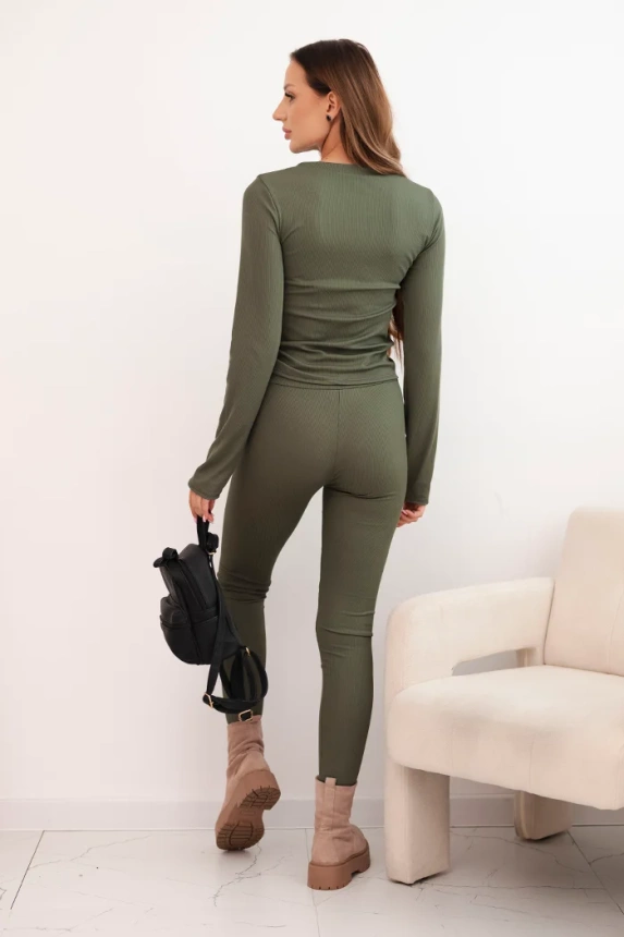 Moteriškas komplektas iš medvilnės su ilgomis rankovėmis ir kelnėmis legginsais khaki