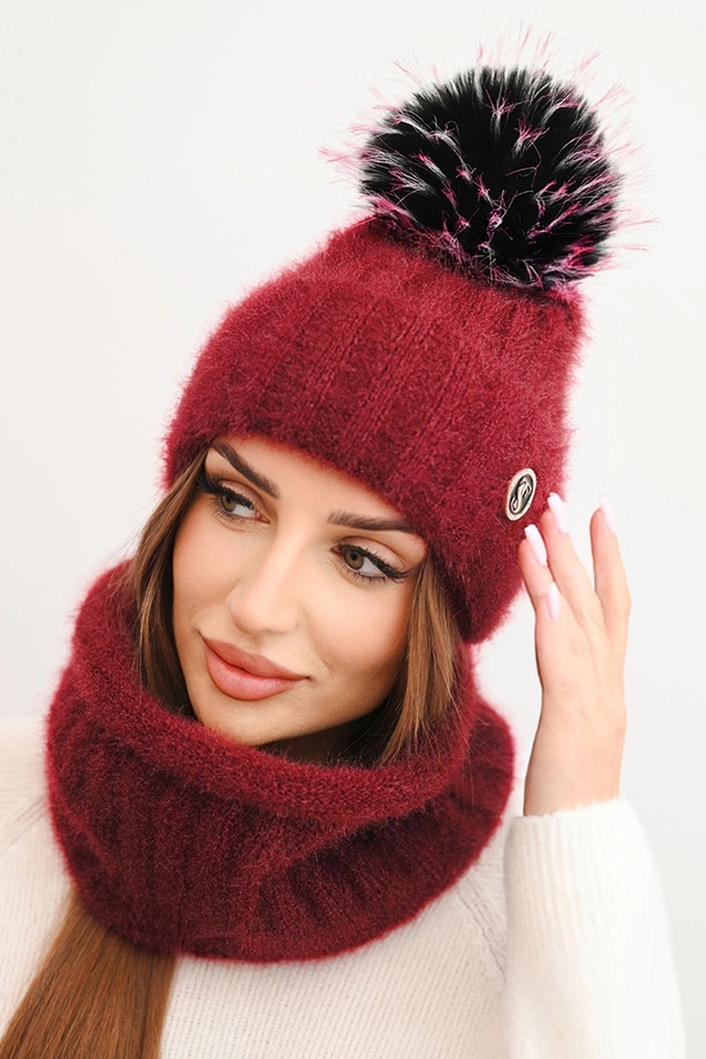 Women's winter set with a pom-pom and a cowl burgundy