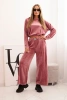 Women's velour tracksuit with wide legs and hoodie dark pink