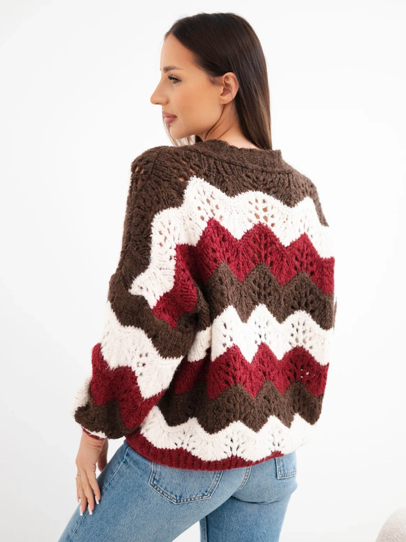 Women's openwork striped cardigan buttoned brown + burgundy