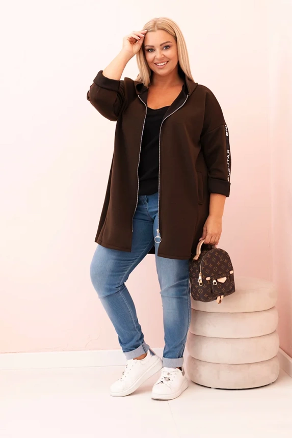 Bluza damska Plus Size z wiskozą rozpinana z kapturem brązowa
