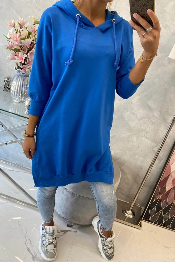 Dress with a hood and longer back mauve-blue