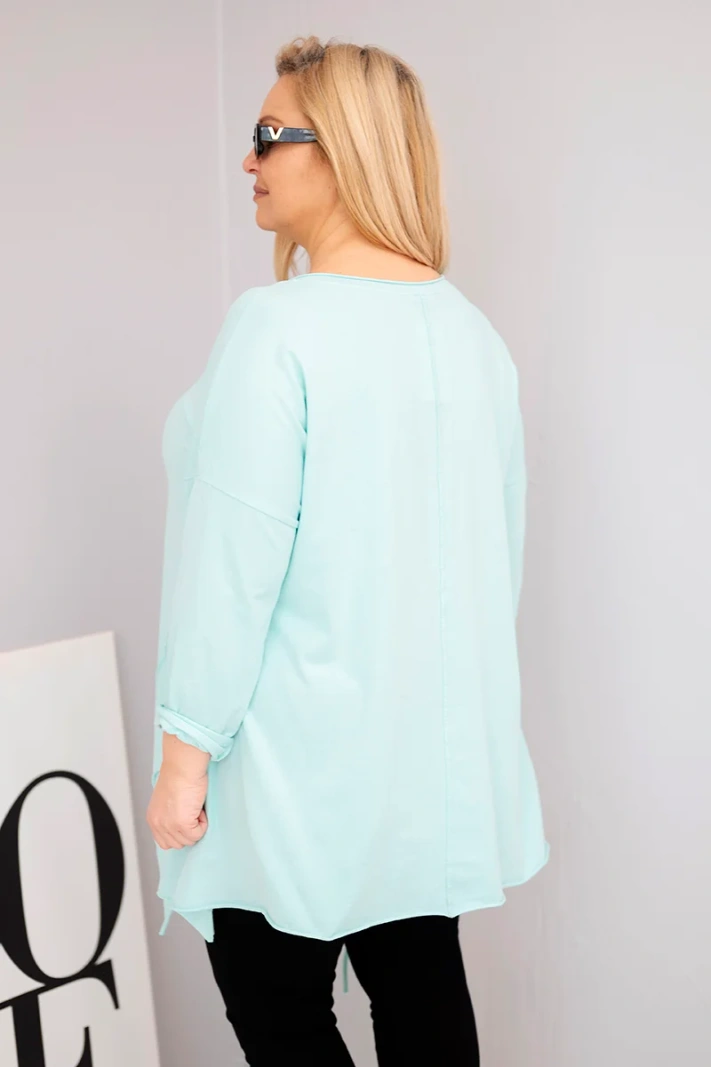 Bluzka damska bawełniana Plus Size z asymetrycznym dołem i wycięciami miętowa