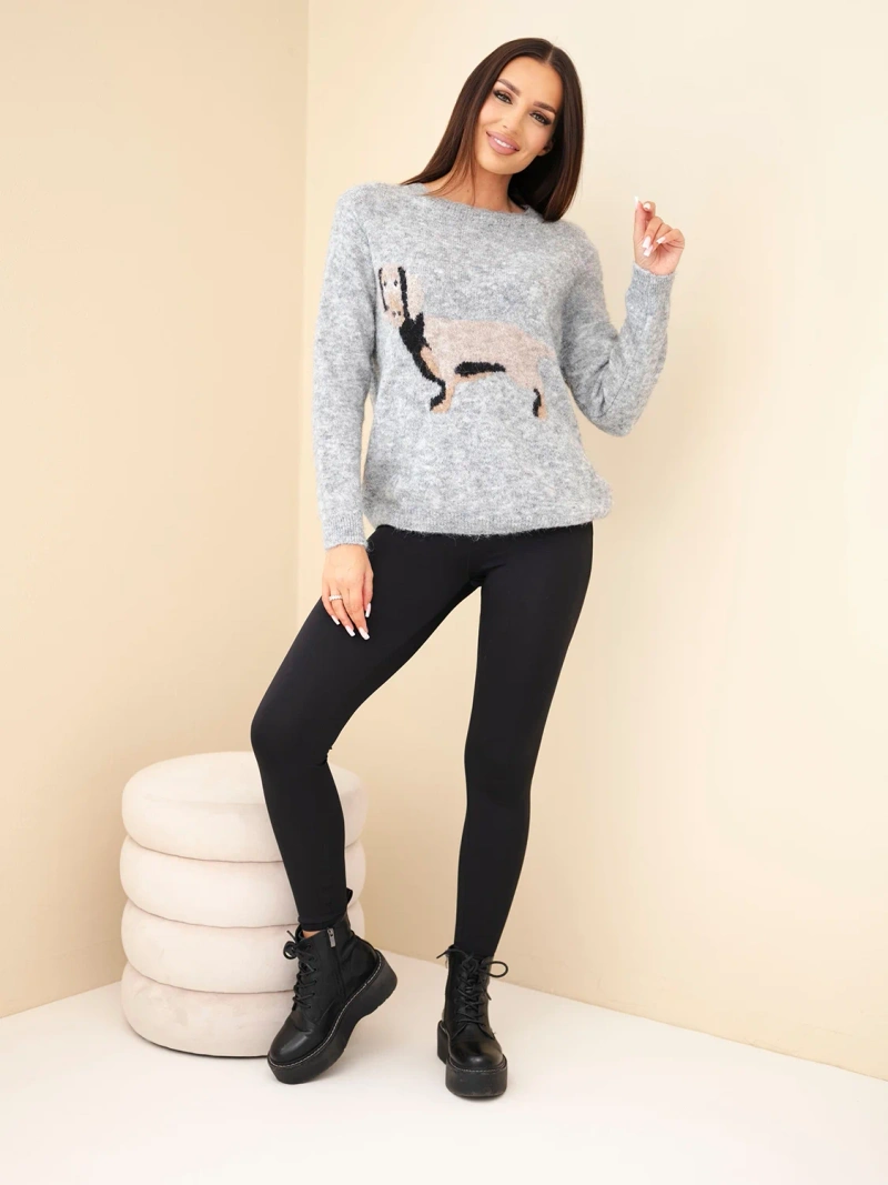 Women's sweater with a dachshund motif and a round neckline gray melange