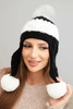 Women's winter wool hat with pom-poms and ear flaps K447 black + white