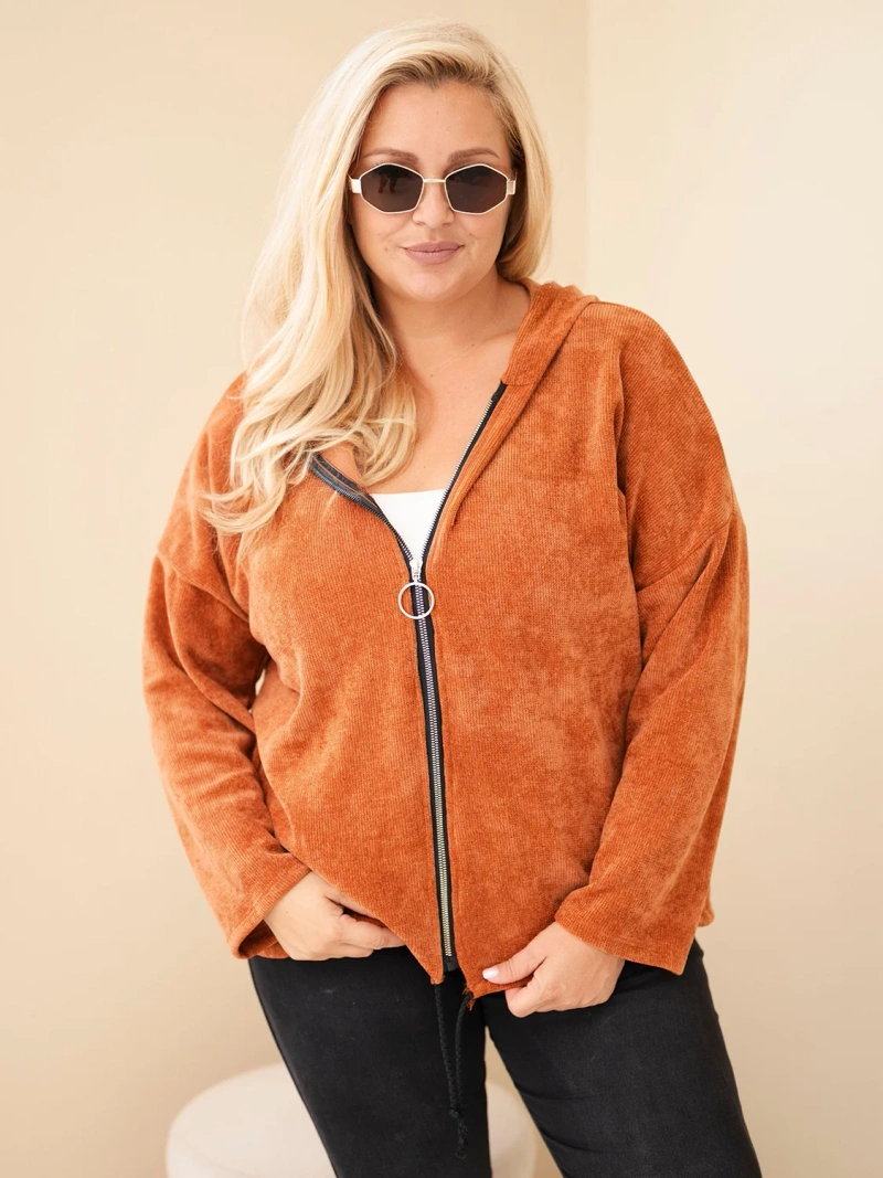 Moteriškas palaidinukas Plus Size aksominis su gobtuvu ir užtrauktuku oversize rudą
