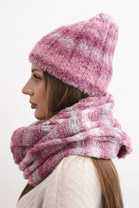 Women's winter set with mohair, hat and snood with a fluffy texture K500 dark pink