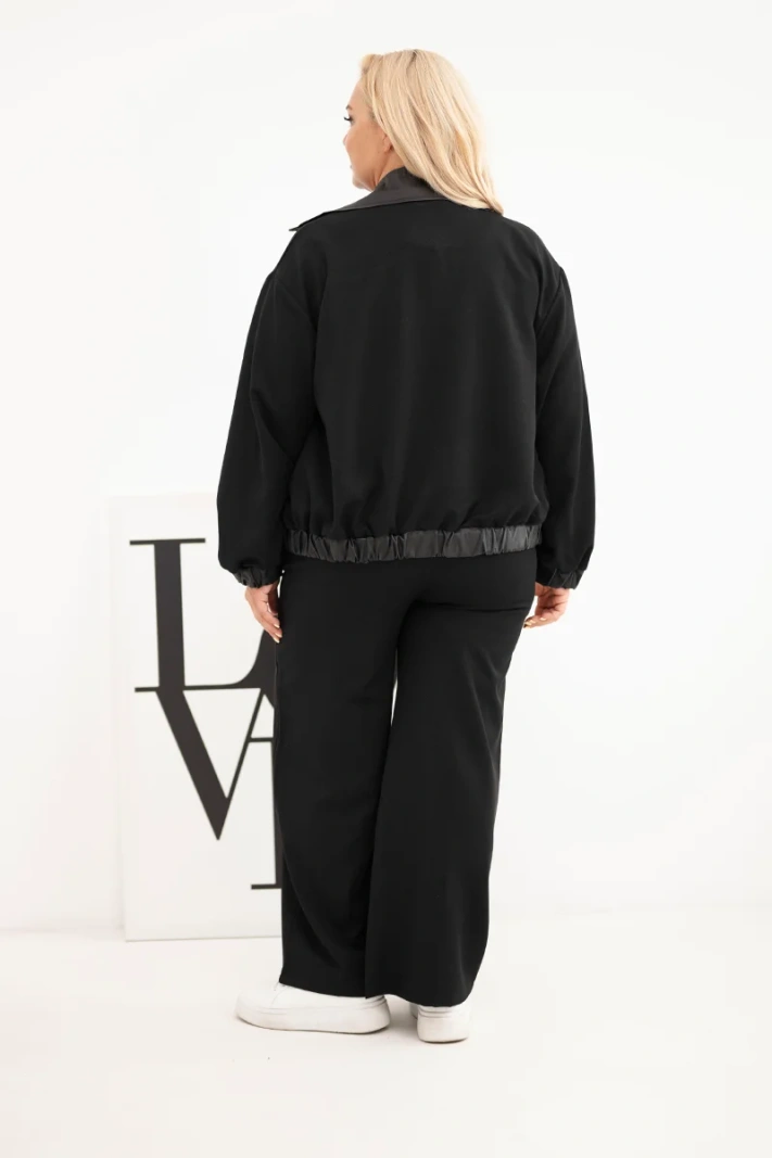 Dámsky komplet Plus Size s mikinou na zips a širokými nohavicami čierny