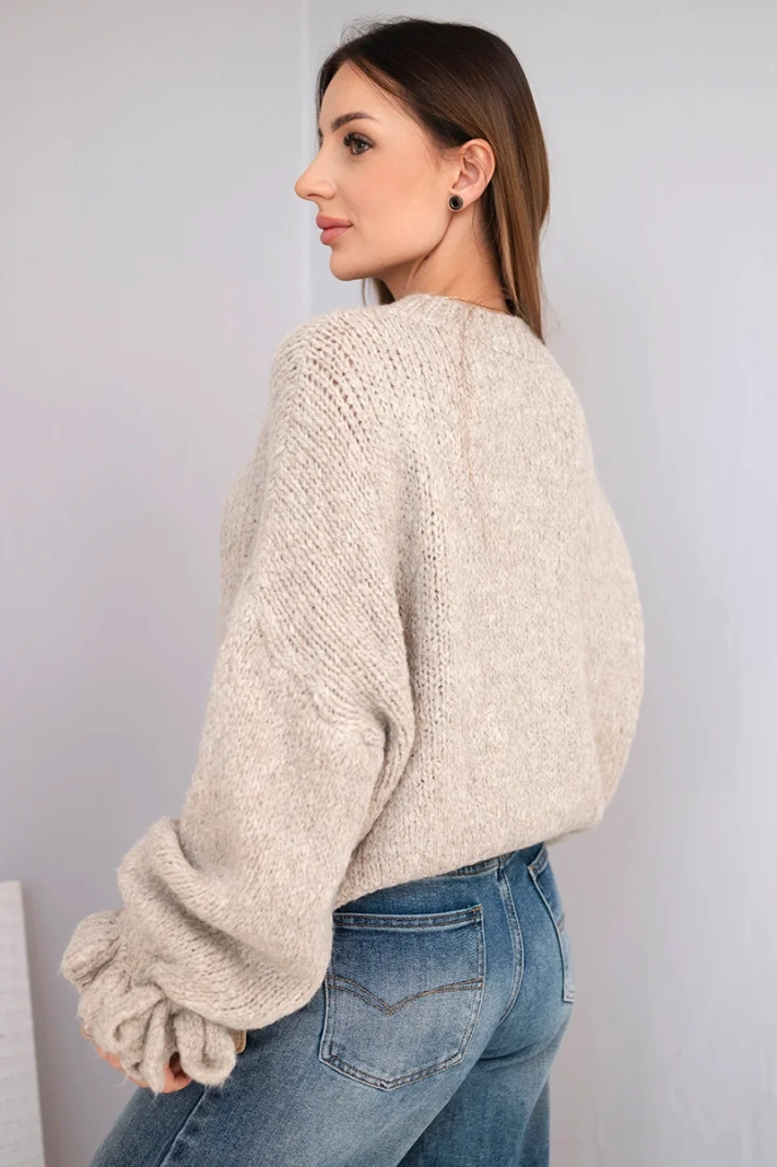 Damenpullover mit Mohairanteil, grober Strick und dekorativen Ärmeln dunkelbeige