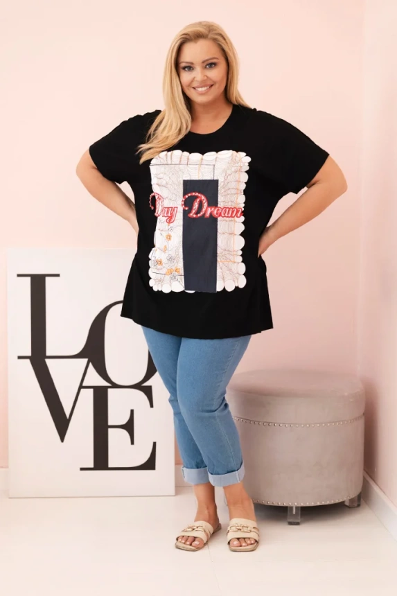 Women's Plus Size Cotton Blouse with “Day Dream” Print black + navy blue