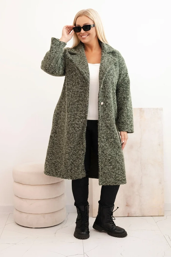 Dámský kabát Plus Size s vlnou a velkým límcem khaki