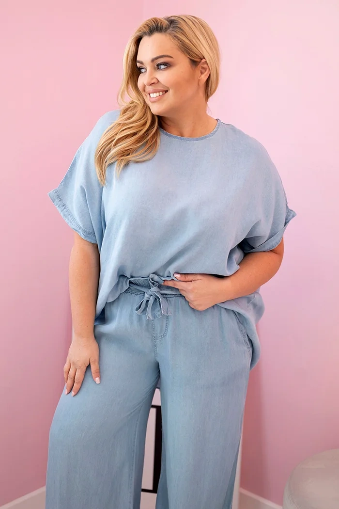 Dámská souprava Plus Size z tencelu halenka a kalhoty s vázáním světle džínový