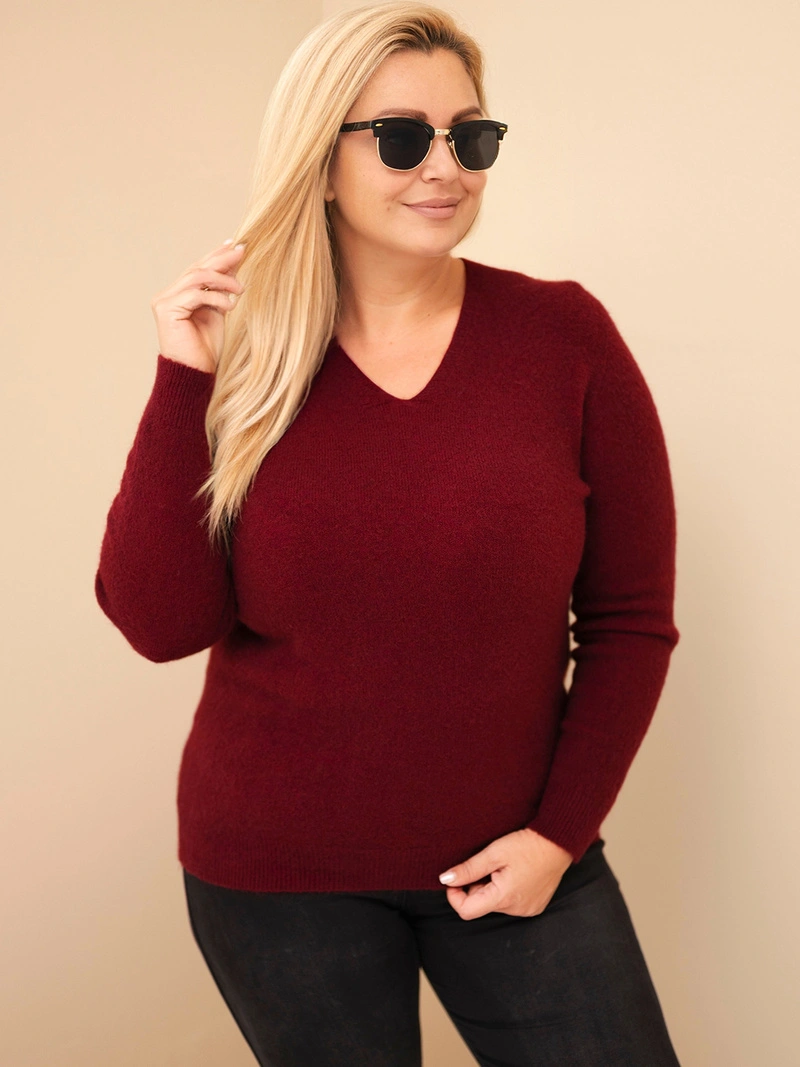 Dámsky sveter Plus Size z baby alpaky s dlhým rukávom bordový czerwony