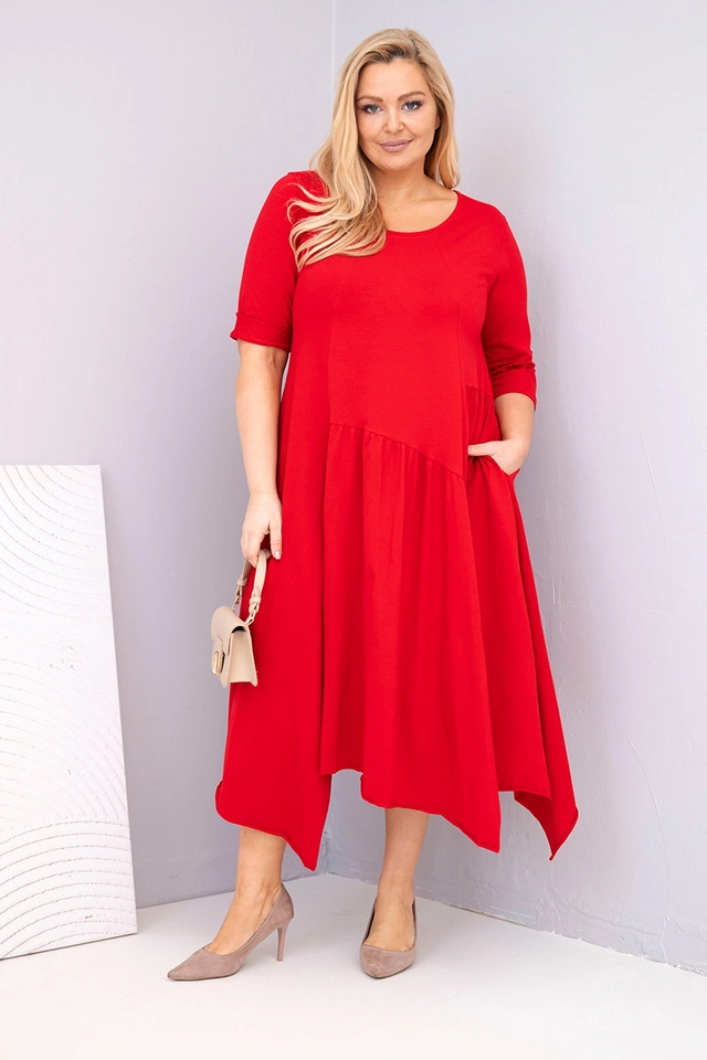 Dámská bavlněná sukýnka Plus Size s asymetrickým spodním okrajem červená