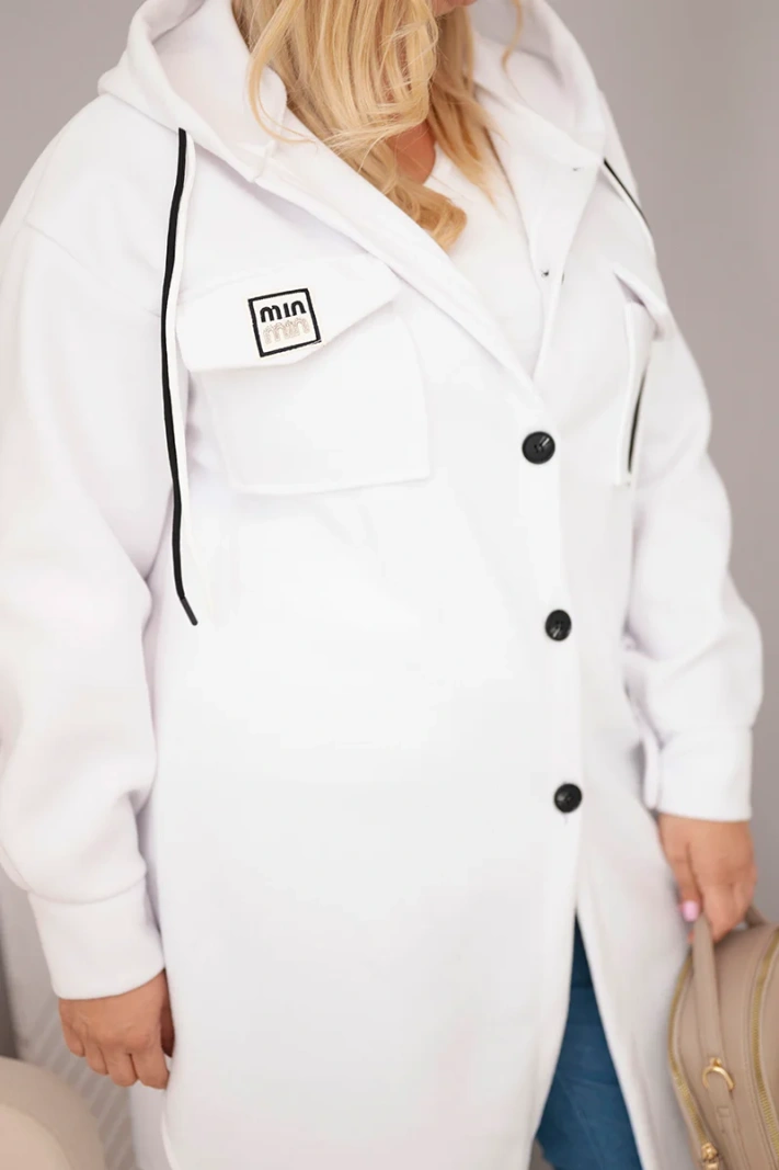 Plus-size women's hooded coat fastened with buttons white