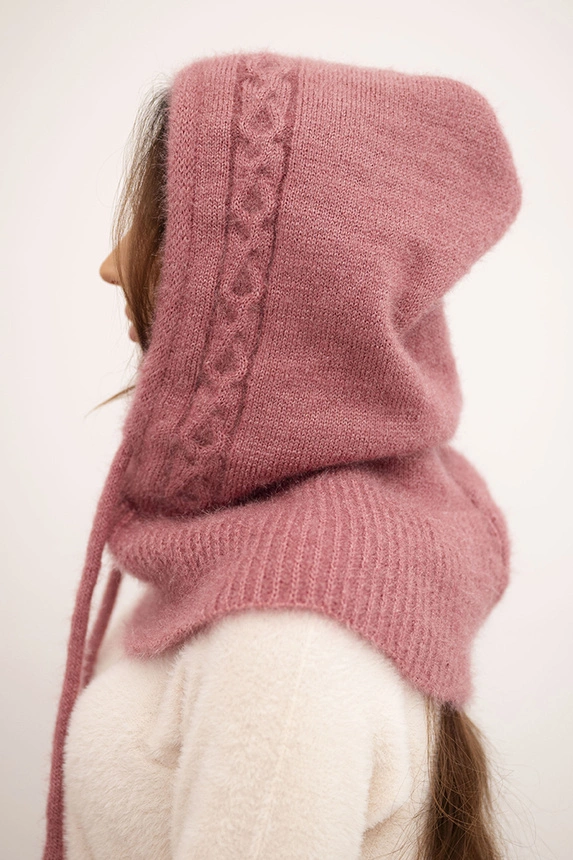 Women's hooded cap with ties and braid weave dark pink