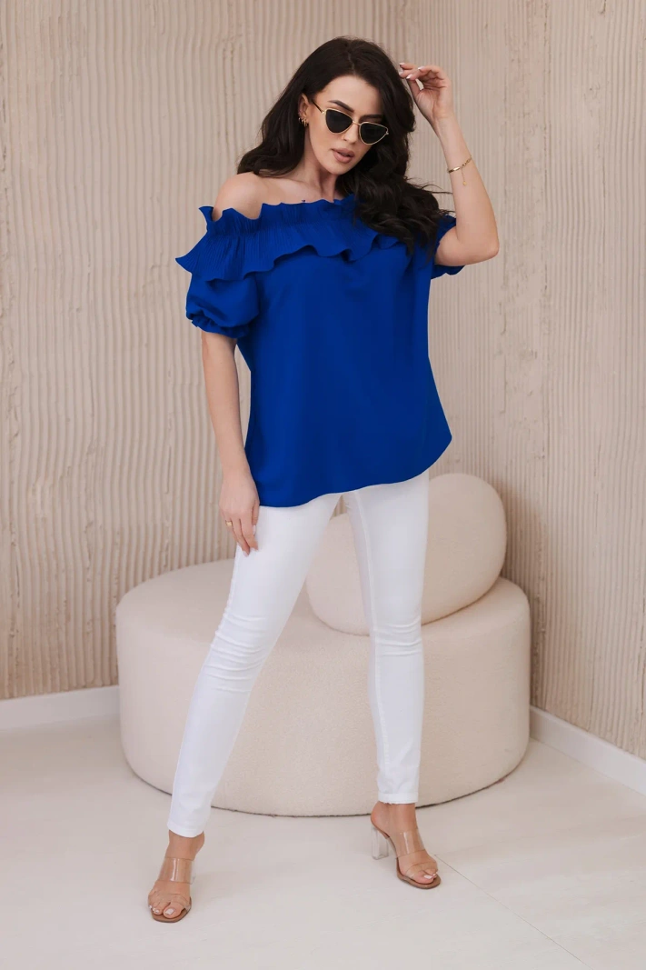 Španielska blúzka s ozdobným volánom chrpa modrá