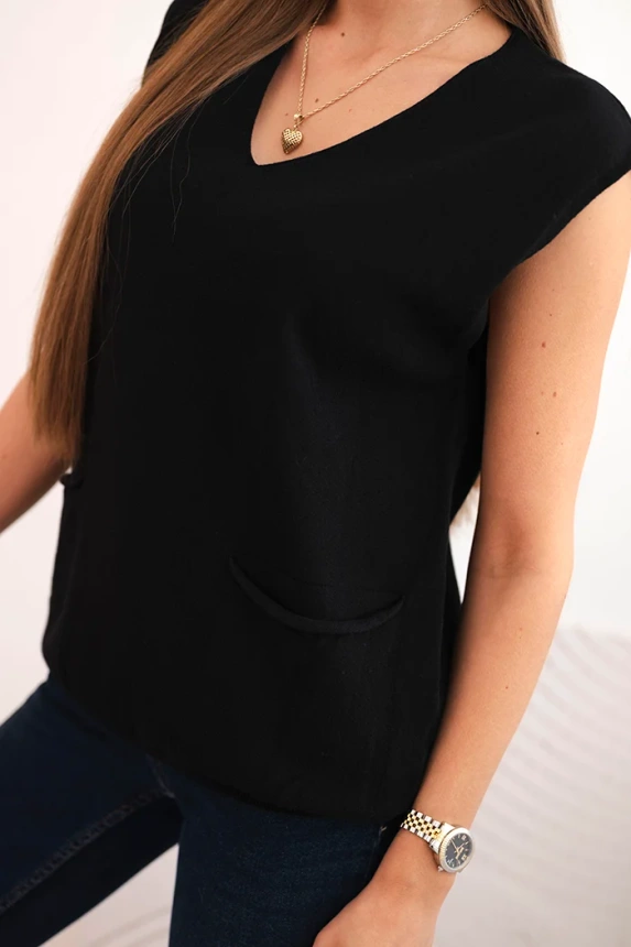 Women's sleeveless viscose sweater with pockets and V-neck black
