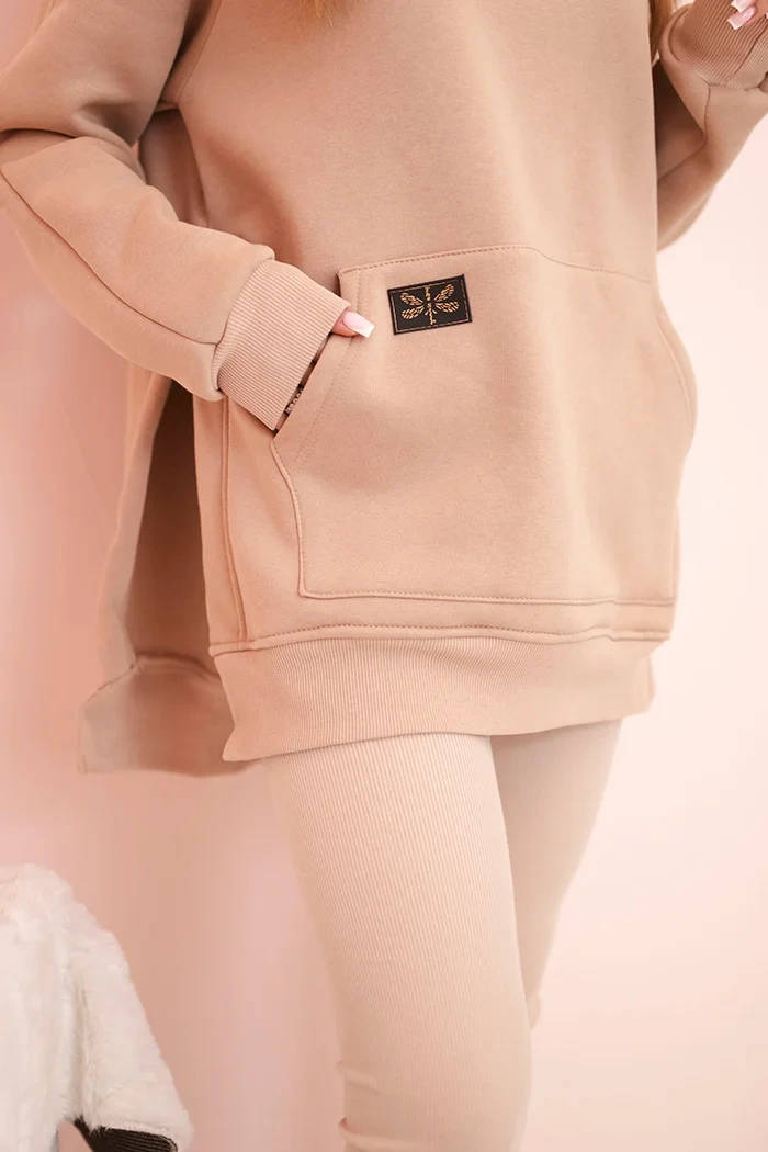Damen Set aus Baumwolle mit Kapuzenpullover und Leggings mit hohem Bund beige