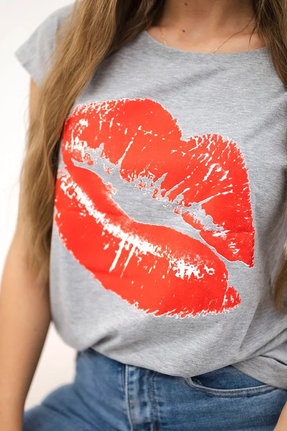 Lippenprint Bluse grau