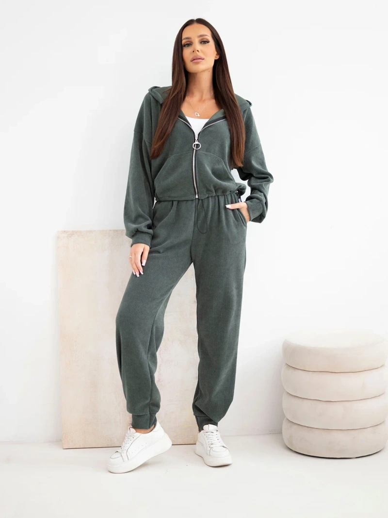 Women's ribbed viscose set with a hoodie and pants khaki