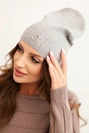 Women's ribbed hat with a decorative button made of viscose and modal grey