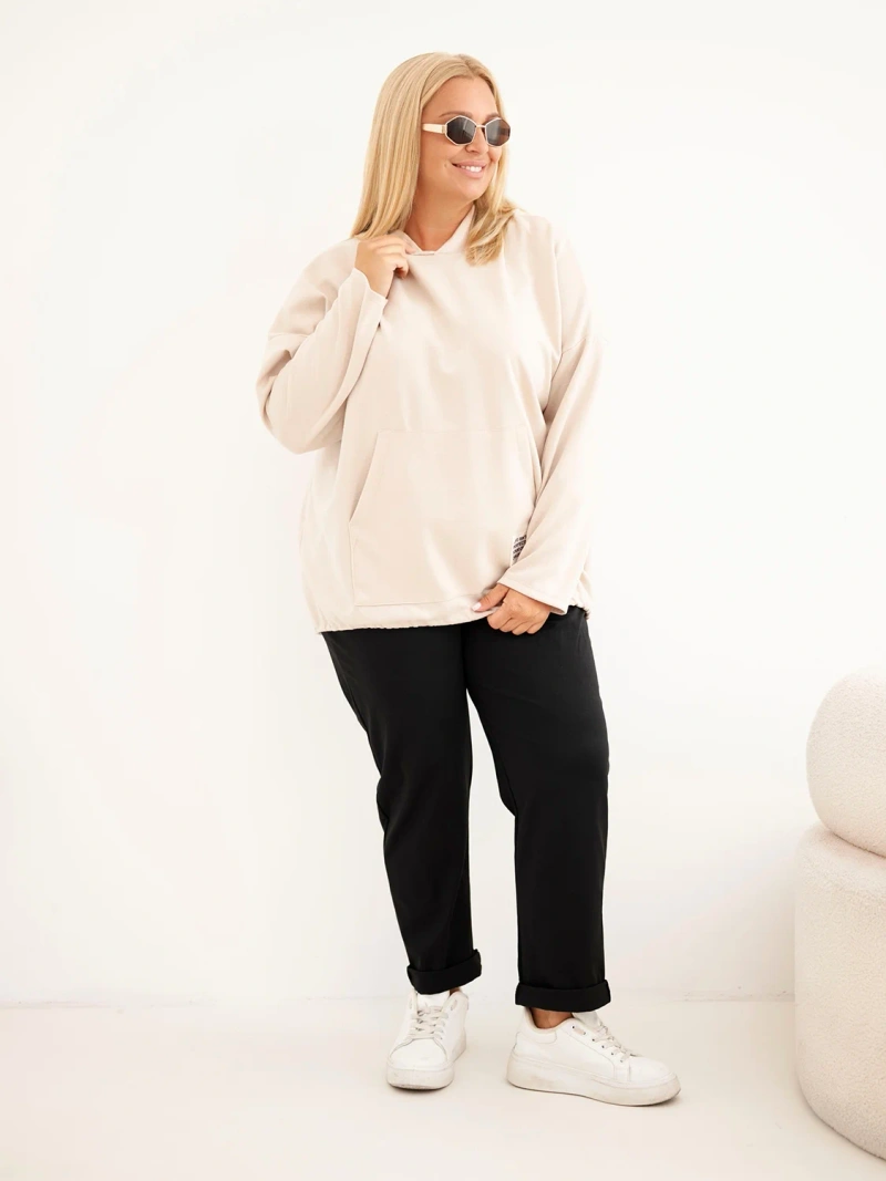 Damen Plus-Size-Viskosekapuzenpullover mit Kängurutasche beige