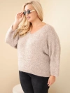 Damenpullover Plus Size mit V-Ausschnitt und weitem Ärmel dunkelbeige