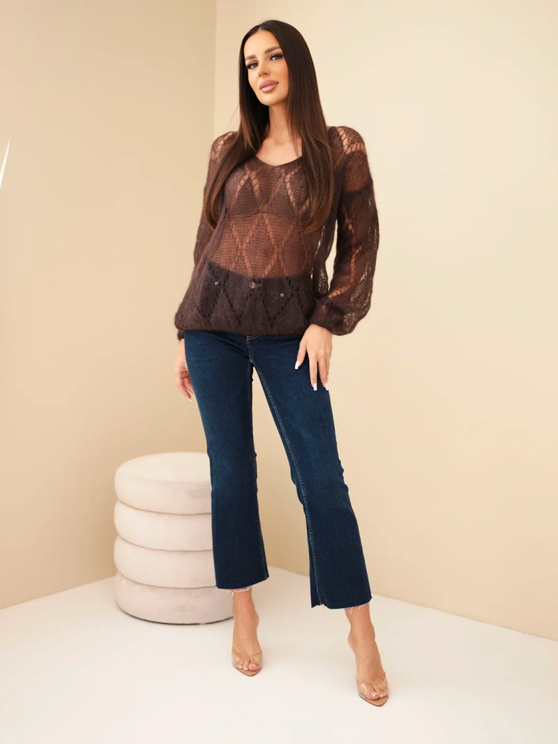 Women’s sweater made of 80% mohair lace with a V-neck brown