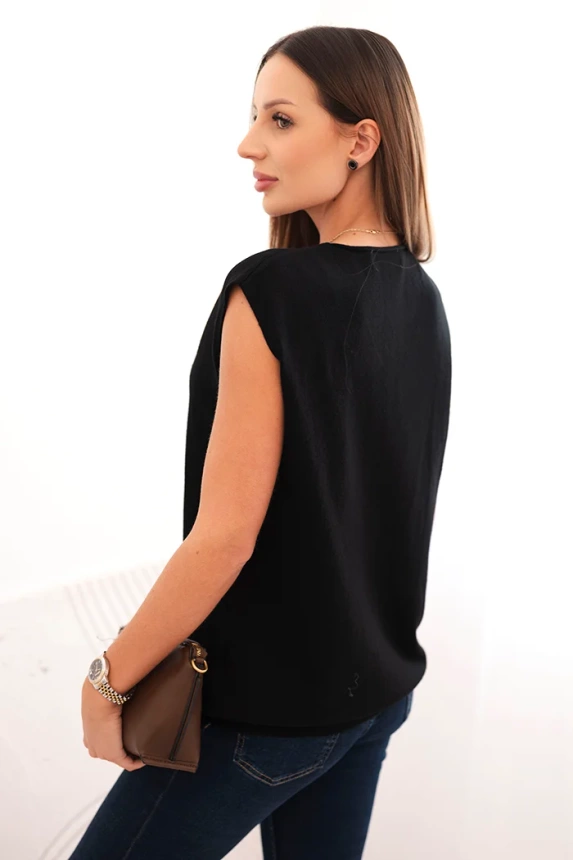 Women's sleeveless viscose sweater with pockets and V-neck black
