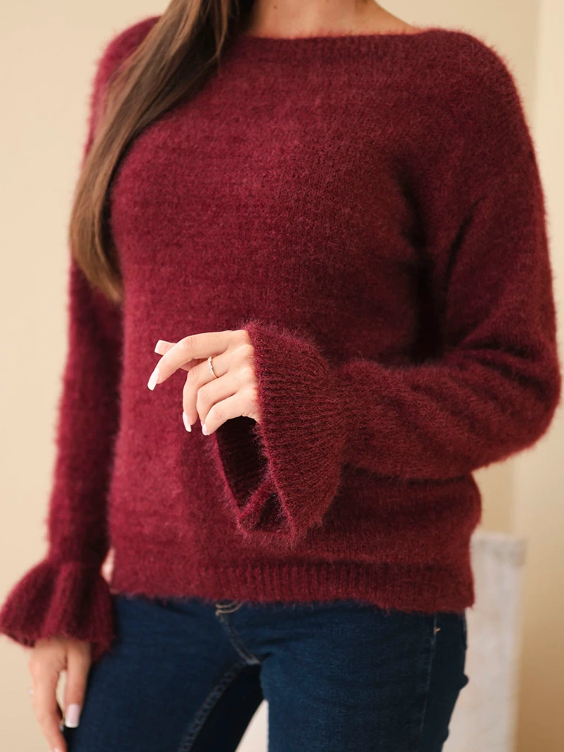 Women's sweater with mohair and wool with ruffle at the sleeves plum